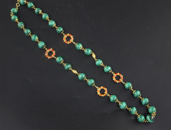 A 14ct gold, enamel and malachite bead necklace, 55cm.